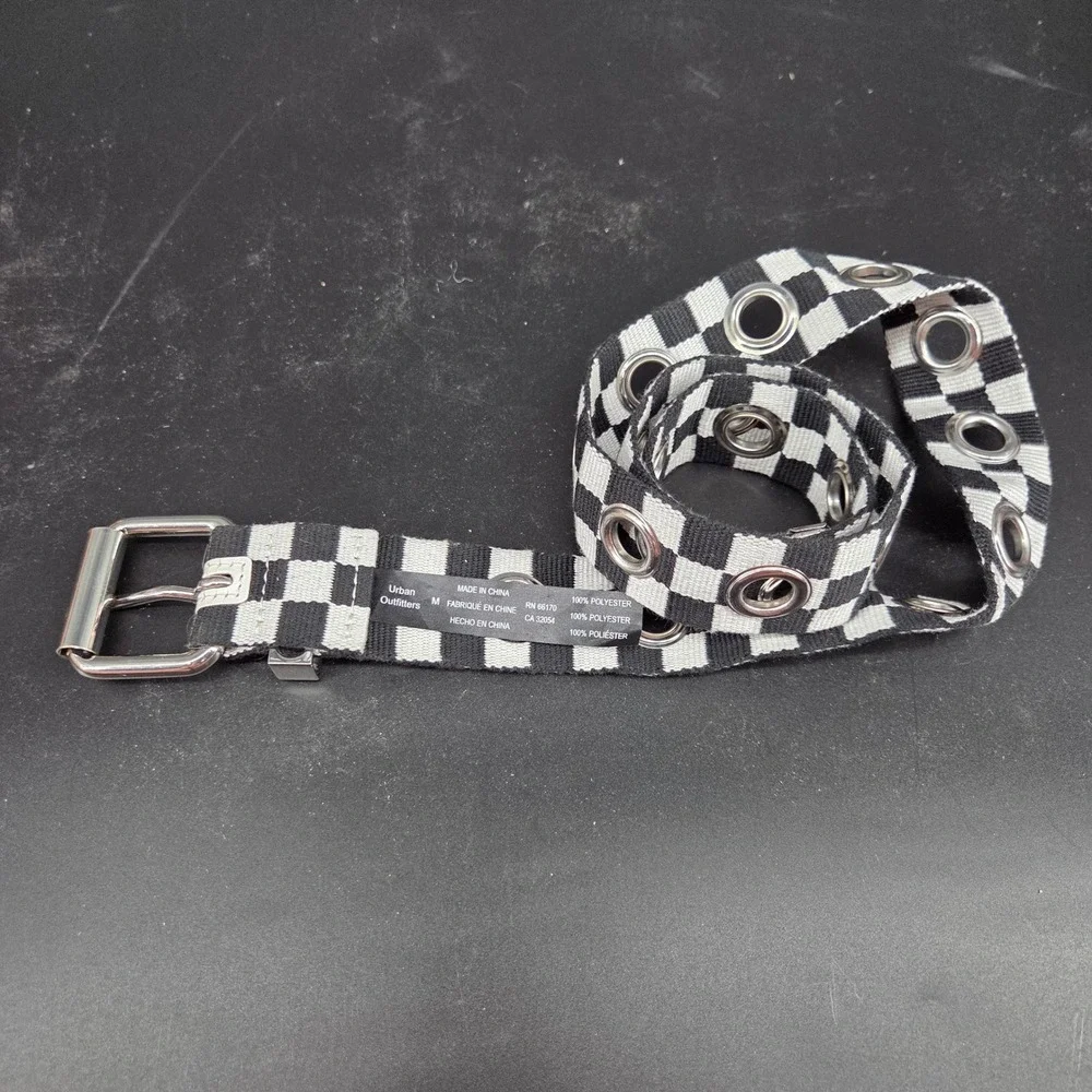 Urban Outfitters Checkerboard Grommet Belt Black White Webbed Roller Buckle M